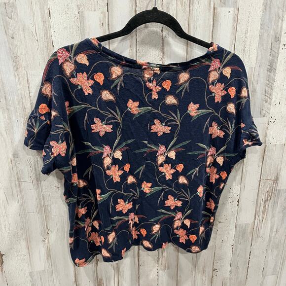 Loft Navy Floral 100% Linen Ruffle Sleeve Shirt Blouse Womens Small - Picture 6 of 8